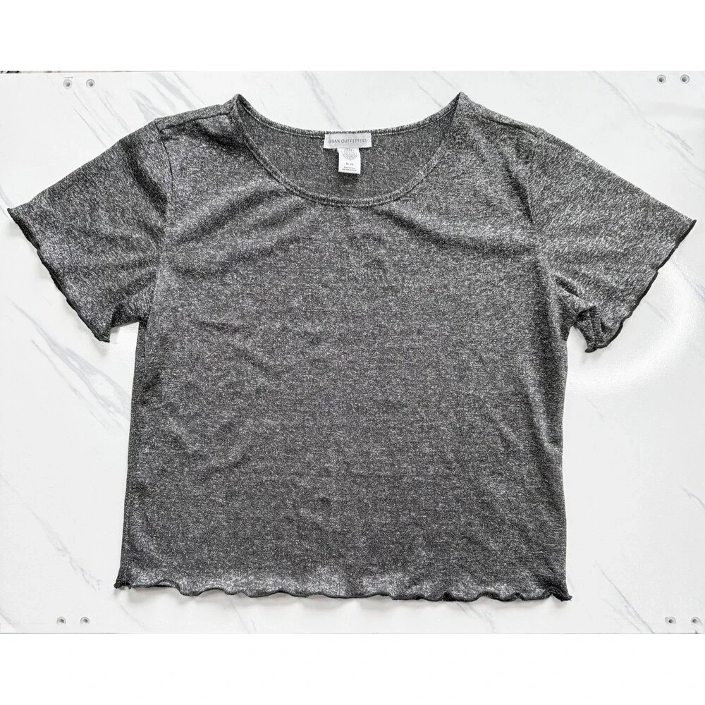 EUC Urban Outfitters Shimmer Y2K Baby T Silver Metallic Crop Top Lettuce Hem XL - Picture 9 of 13